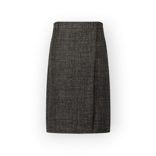 Ygreque Laurence Bras Cassandre dark grey wool wrap skirt with diagonal seam and midi length