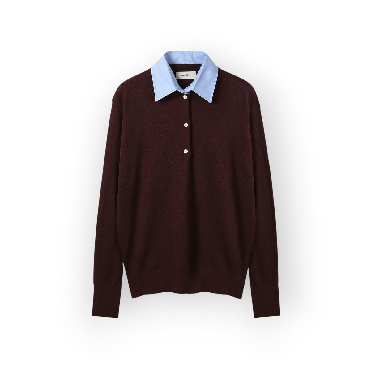 Ygreque System wine wool polo top with a contrasting light blue shirt collar and three-button placket.