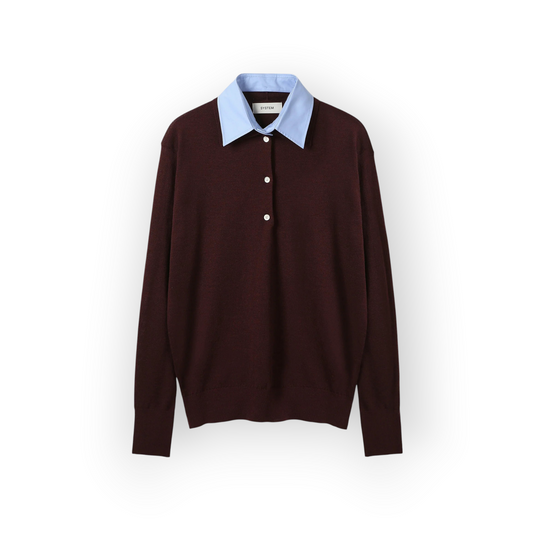 Ygreque System wine wool polo top with a contrasting light blue shirt collar and three-button placket.