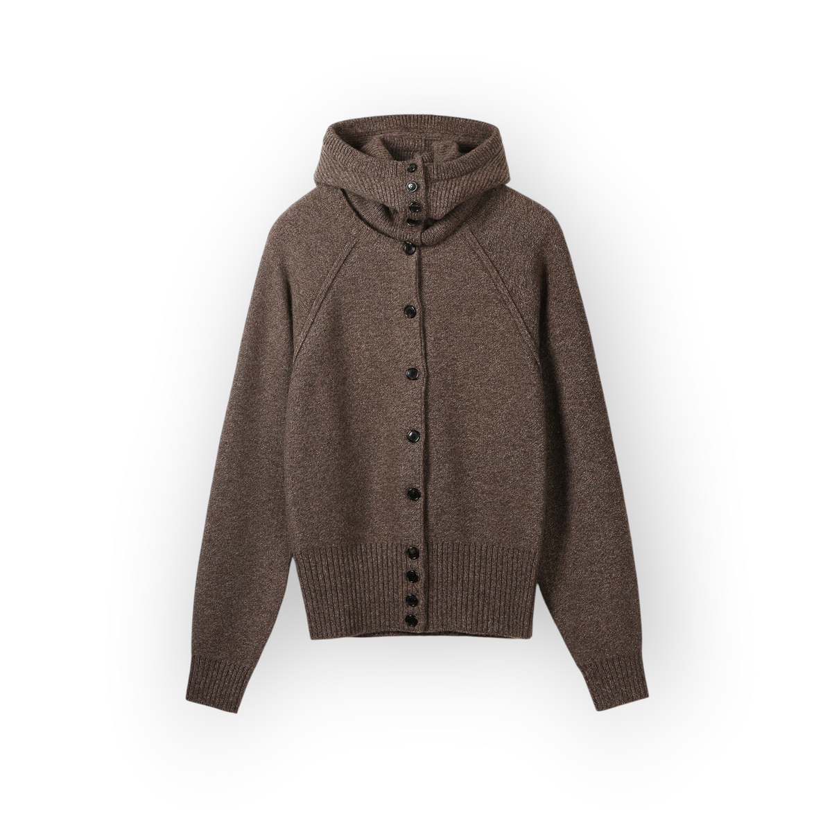 Ygreque System sepia beige wool-blend balaclava hooded cardigan with button-front closure and raglan sleeves.