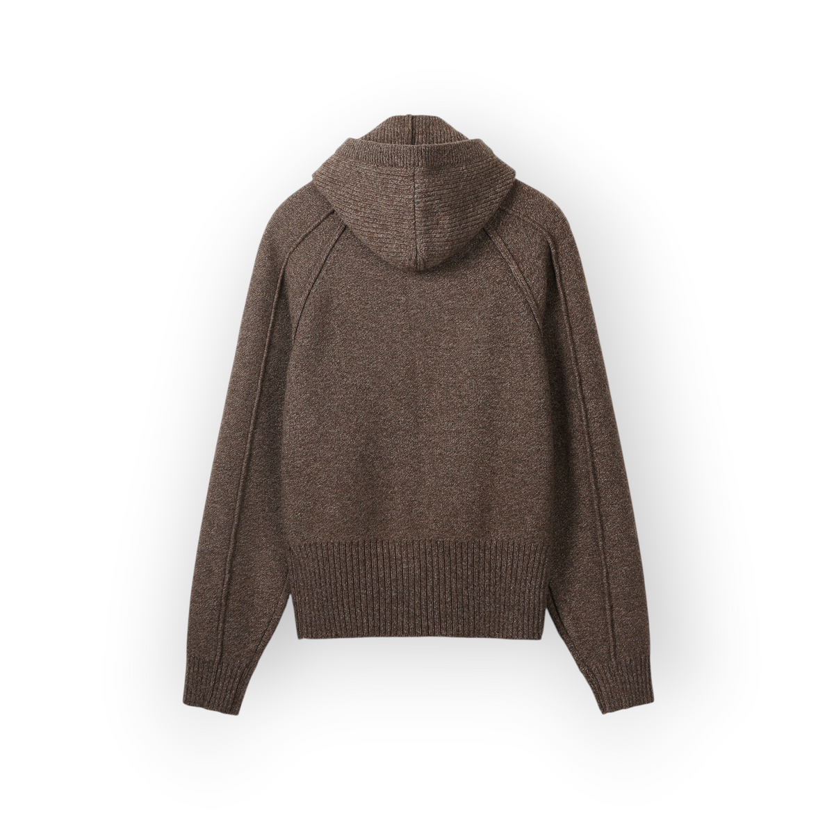 Ygreque System sepia beige wool-blend balaclava hooded cardigan, back view showing raglan sleeves and ribbed hem.