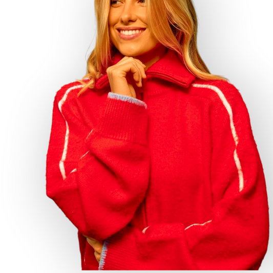 Ygreque Sea Me Happy Scottie zip-up sweater in poppy red merino wool with white stripe details worn by a model