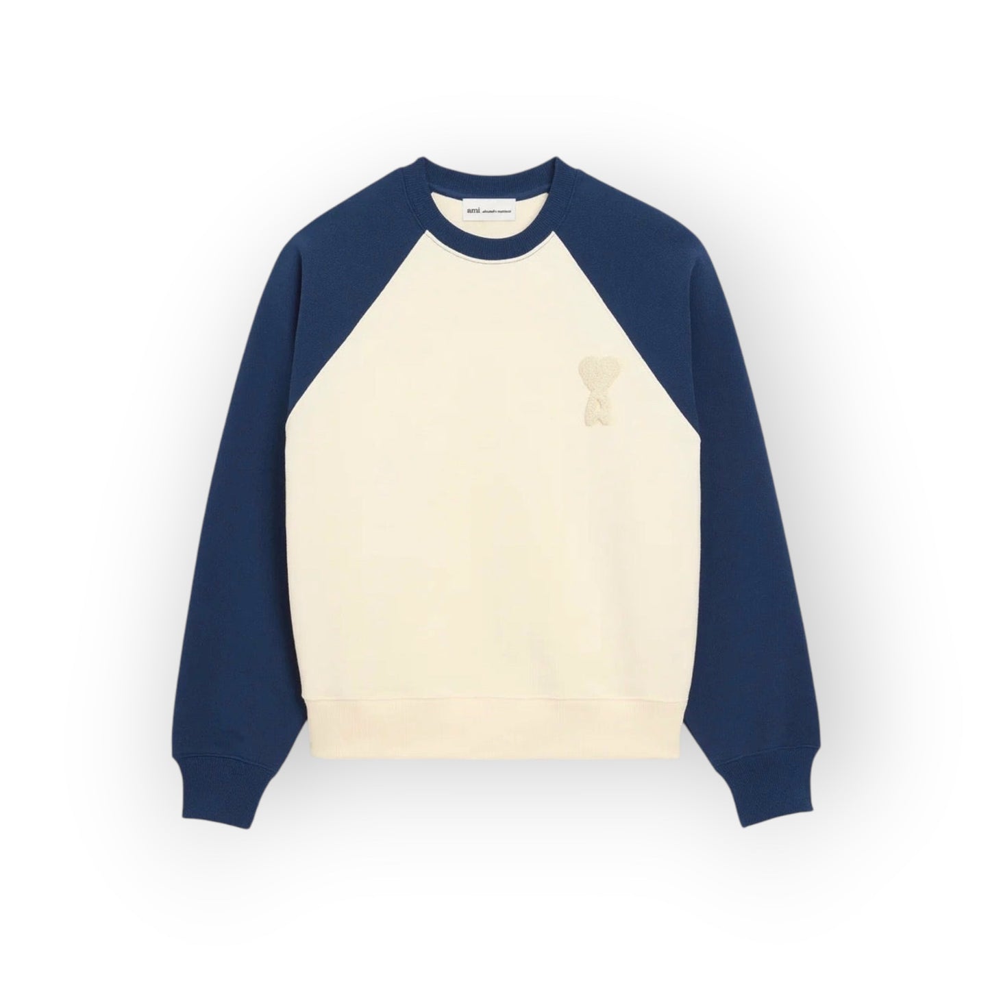 sweatshirt Ami Paris, Ami de Coeur, patch crochet, coupe boxy unisexe, molleton coton luxe, sweatshirt blanc bleu