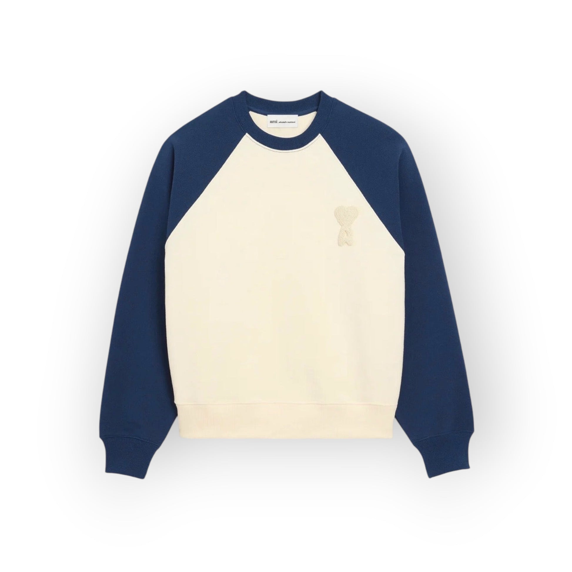 sweatshirt Ami Paris, Ami de Coeur, patch crochet, coupe boxy unisexe, molleton coton luxe, sweatshirt blanc bleu