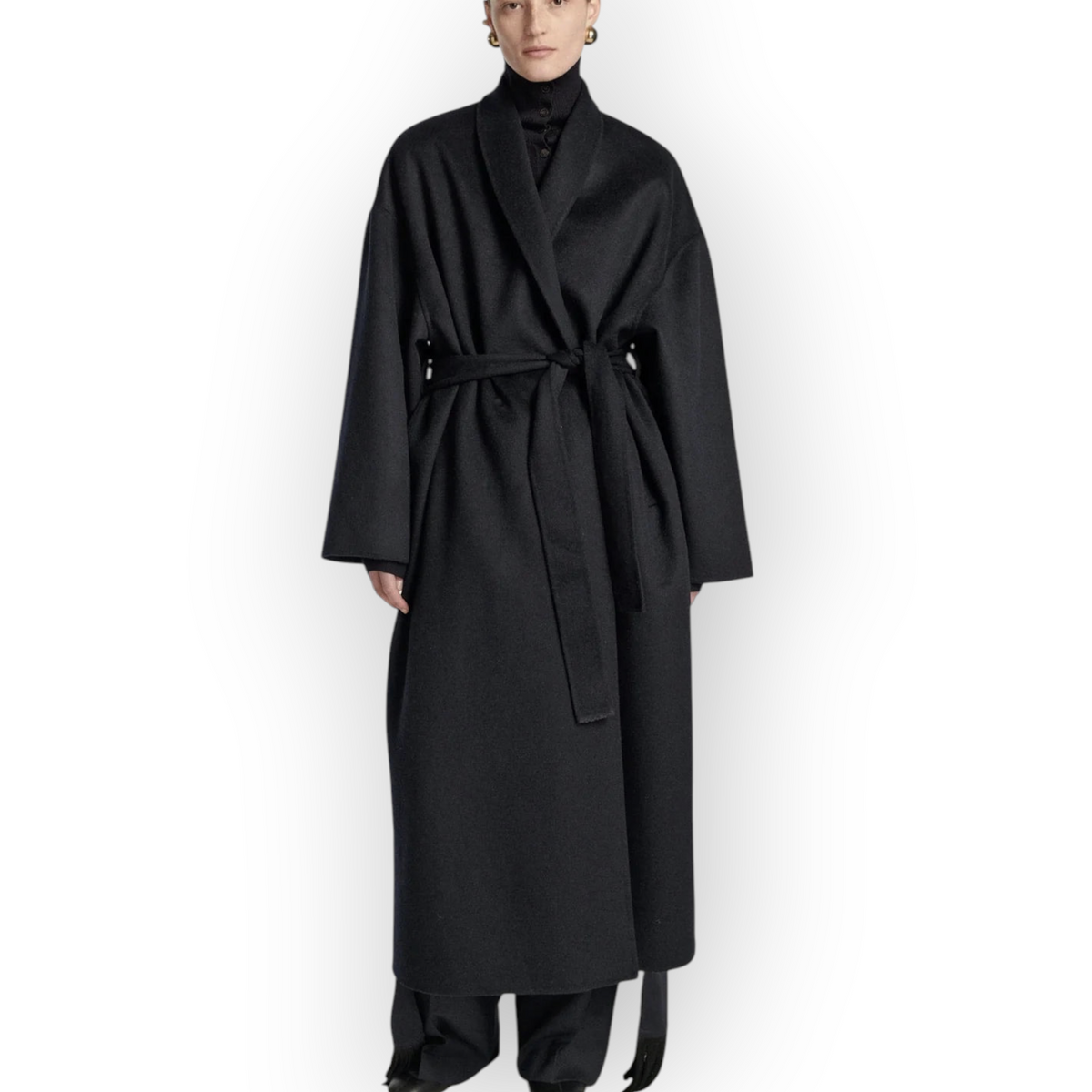 Ygreque Frenken navy wool wrap coat with shawl collar, drop shoulders, and tie belt worn by a model