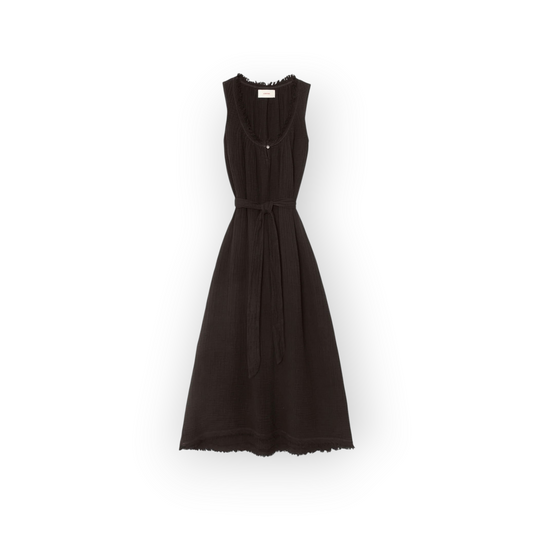 Ygreque Xirena Mayson black midi dress in double-faced cotton gauze with a scoop neck, raw edges, and waist tie.