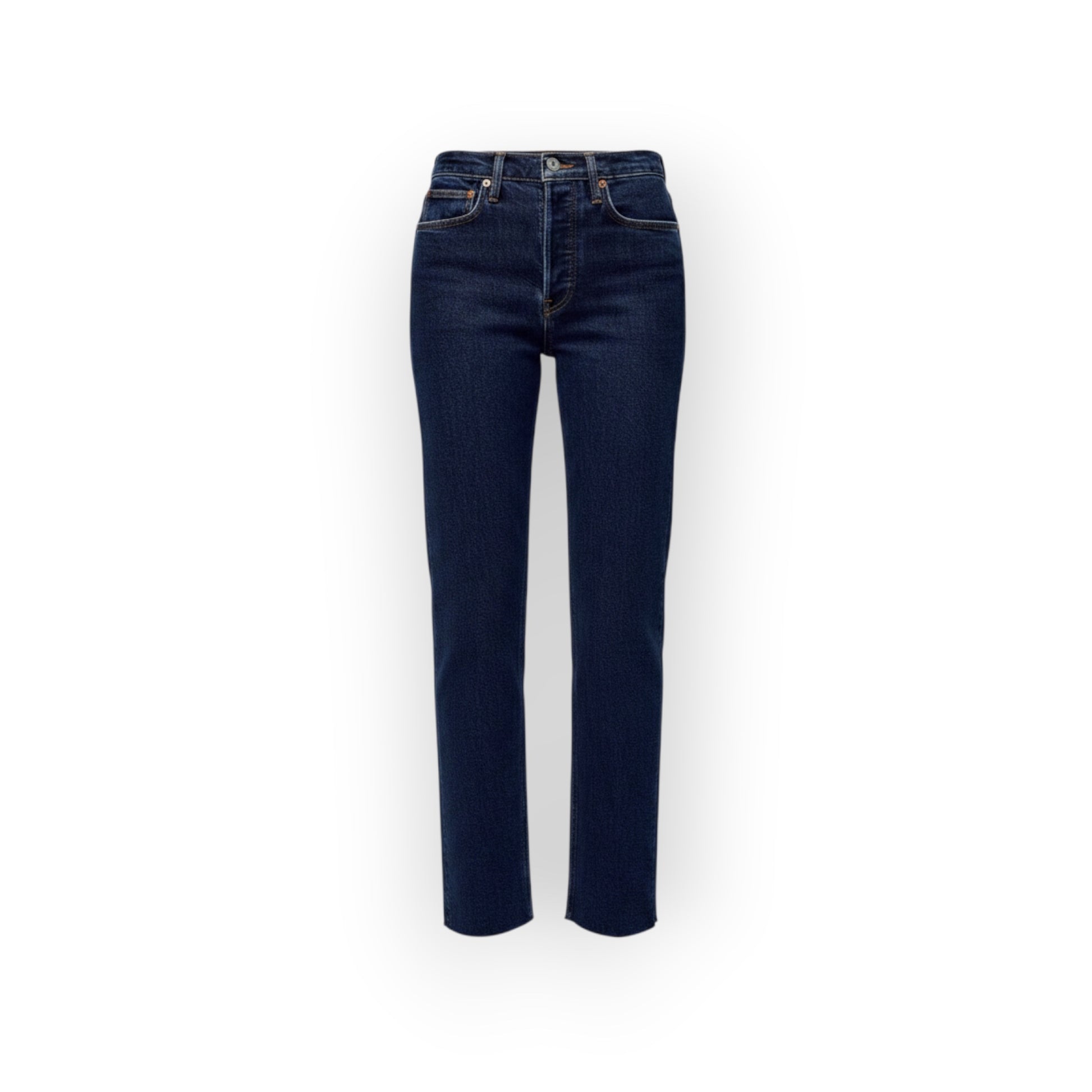 Ygreque's dark indigo 70s stove pipe jeans with a button fly, raw hem, and slight stretch. Fitted through the thigh with a straight leg.