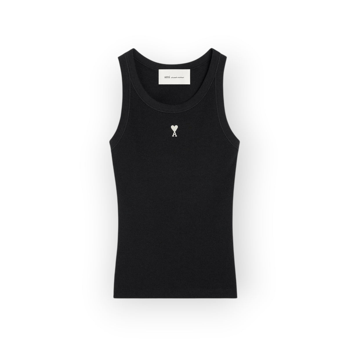 Ygreque Ami Paris black ribbed cotton tank top with a contrasting white Ami de Coeur embroidery on the chest.