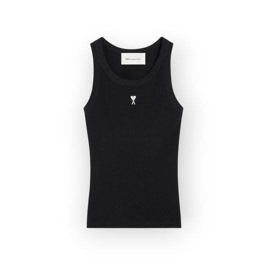 Ygreque Ami Paris black ribbed cotton tank top with a contrasting white Ami de Coeur embroidery on the chest.