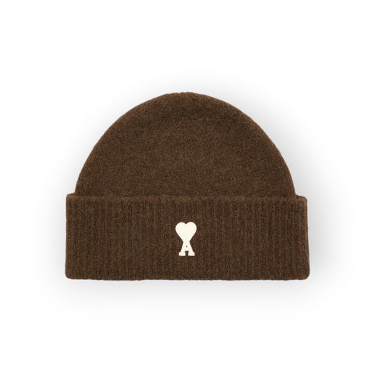 Ygreque Ami Paris unisex chocolate brown alpaca beanie with ecru Ami de Coeur heart logo patch