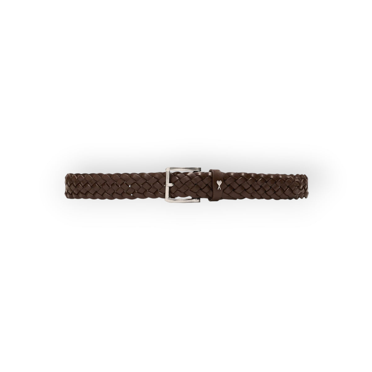 Ygreque Ami Paris brown braided calfskin leather belt with silver ADC buckle and rivet detail