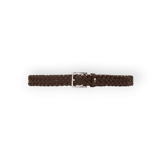 Ygreque Ami Paris brown braided calfskin leather belt with silver ADC buckle and rivet detail