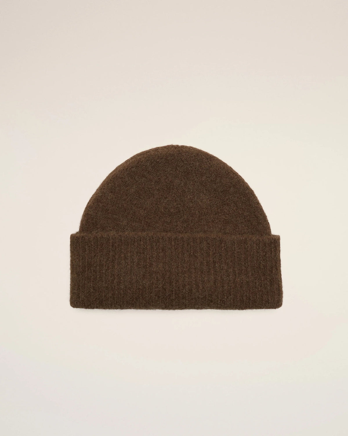 Ygreque Ami Paris unisex chocolate brown alpaca beanie with a ribbed cuff and soft knit texture.