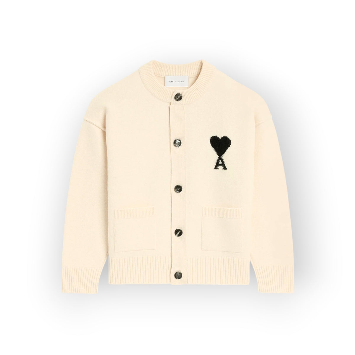 Ygreque Ami Paris unisex ecru and black felted merino wool cardigan with intarsia heart logo and horn buttons