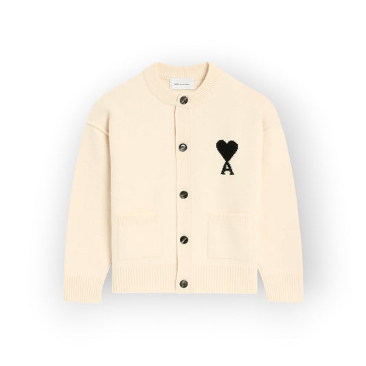 Ygreque Ami Paris unisex ecru and black felted merino wool cardigan with intarsia heart logo and horn buttons