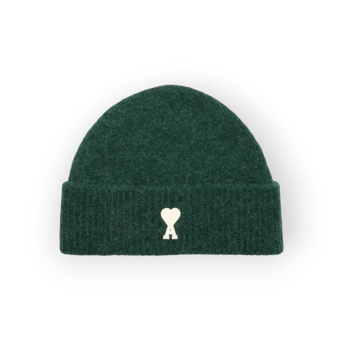 Ygreque Ami Paris unisex beanie in bottle green alpaca wool with a white Ami de Coeur heart logo patch
