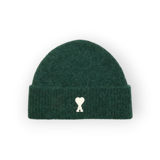 Ygreque Ami Paris unisex beanie in bottle green alpaca wool with a white Ami de Coeur heart logo patch