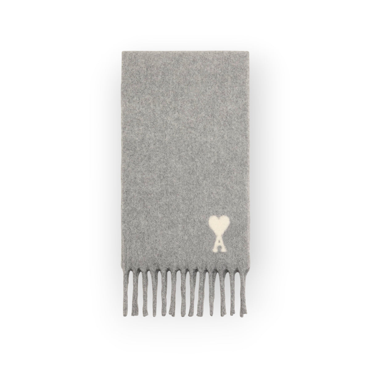 Ygreque Ami Paris oversized grey alpaca wool scarf with an off-white jacquard heart logo and fringed ends