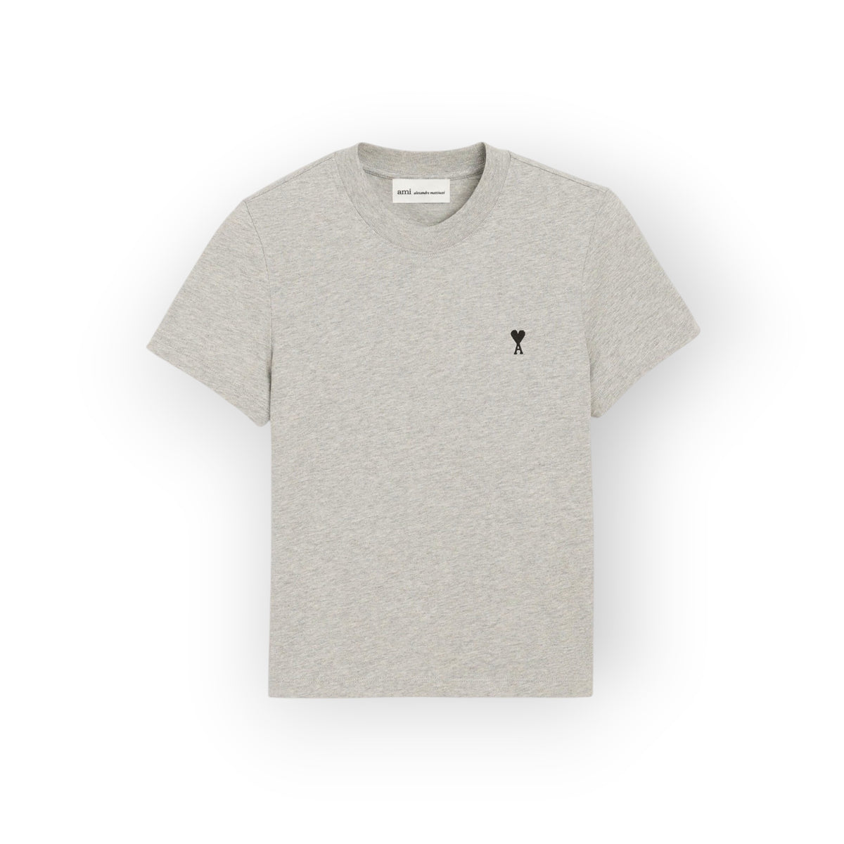 Ygreque Ami Paris grey organic cotton jersey cropped t-shirt with signature black Ami de Coeur chest embroidery