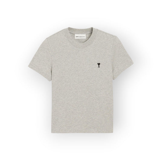 Ygreque Ami Paris grey organic cotton jersey cropped t-shirt with signature black Ami de Coeur chest embroidery