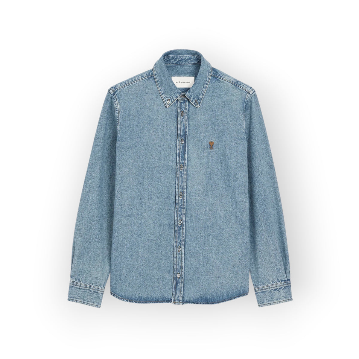 Ygreque Ami Paris light blue denim shirt with button-down collar and tobacco Ami de Coeur embroidery on chest