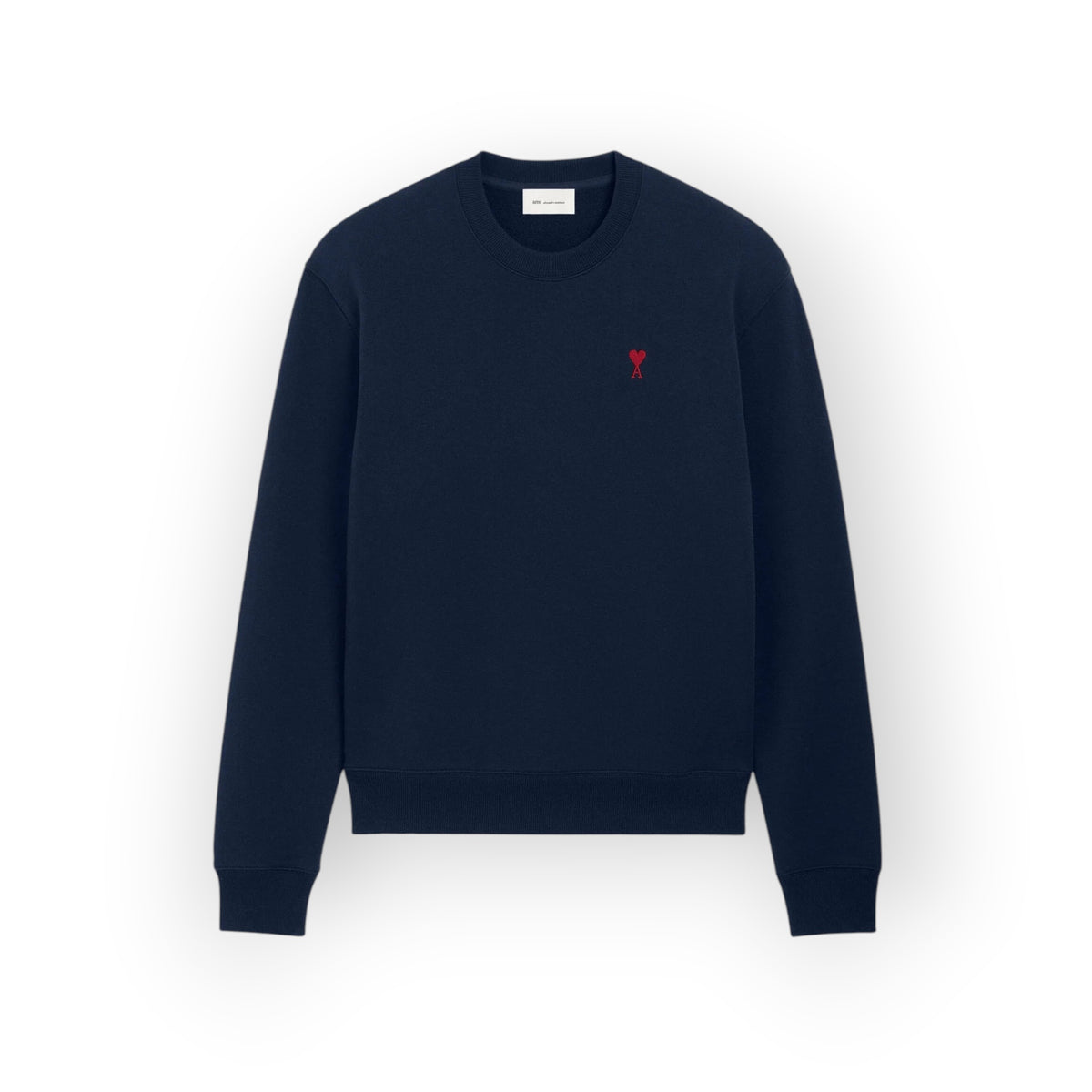 Ygreque Ami Paris unisex navy blue organic cotton crewneck sweatshirt with red embroidered heart logo on chest