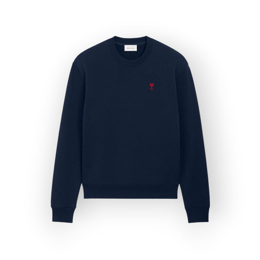 Ygreque Ami Paris unisex navy blue organic cotton crewneck sweatshirt with red embroidered heart logo on chest