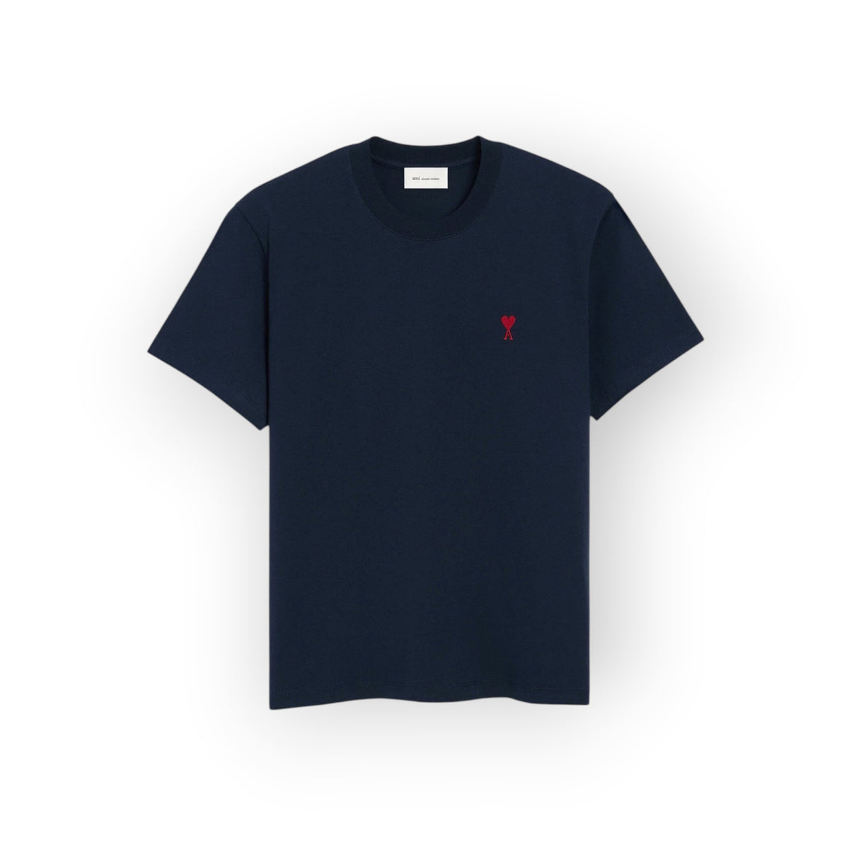 Ygreque Ami Paris navy blue organic cotton jersey t-shirt with a red Ami de Coeur logo embroidery on the chest.