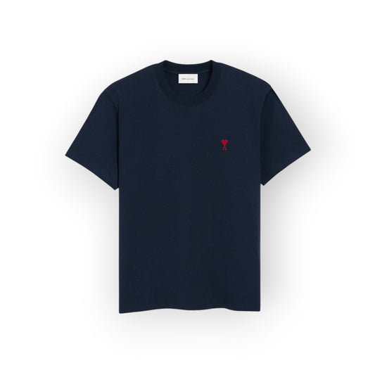 Ygreque Ami Paris navy blue organic cotton jersey t-shirt with a red Ami de Coeur logo embroidery on the chest.