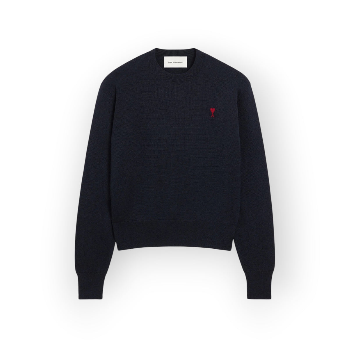 Ygreque Ami Paris navy blue merino wool crewneck sweater with red Ami de Coeur chest embroidery