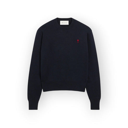 Ygreque Ami Paris navy blue merino wool crewneck sweater with red Ami de Coeur chest embroidery