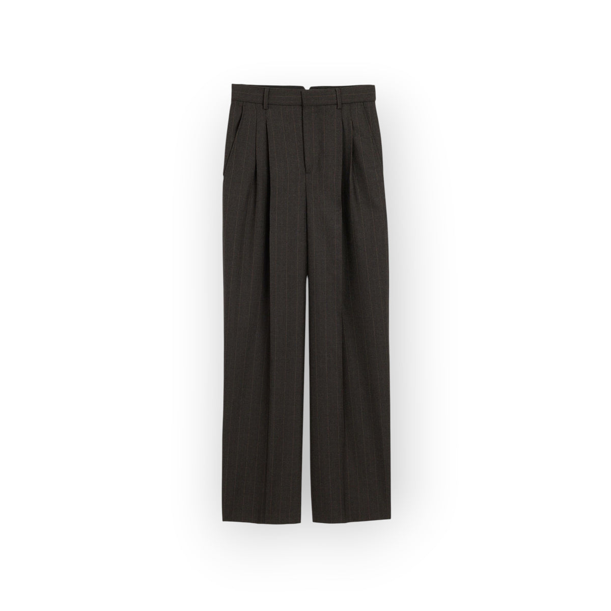 Ygreque Ami Paris high-waisted wide-leg trousers in charcoal grey and chocolate brown pinstriped wool