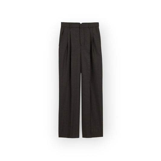 Ygreque Ami Paris high-waisted wide-leg trousers in charcoal grey and chocolate brown pinstriped wool