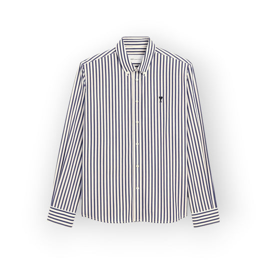 Ygreque Ami Paris unisex button-down shirt in royal blue and white striped cotton poplin with black heart embroidery.