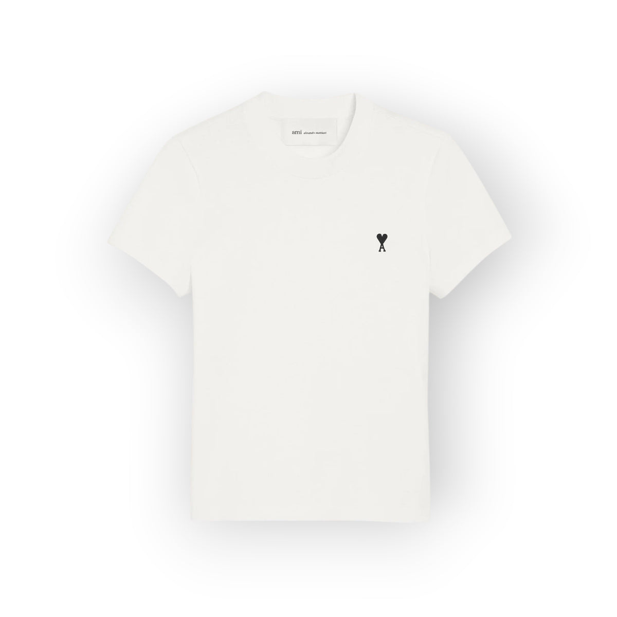 Ygreque Ami Paris white organic cotton cropped t-shirt with a black Ami de Coeur logo embroidery on the chest.