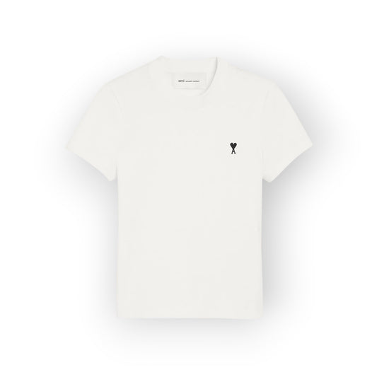 Ygreque Ami Paris white organic cotton cropped t-shirt with a black Ami de Coeur logo embroidery on the chest.