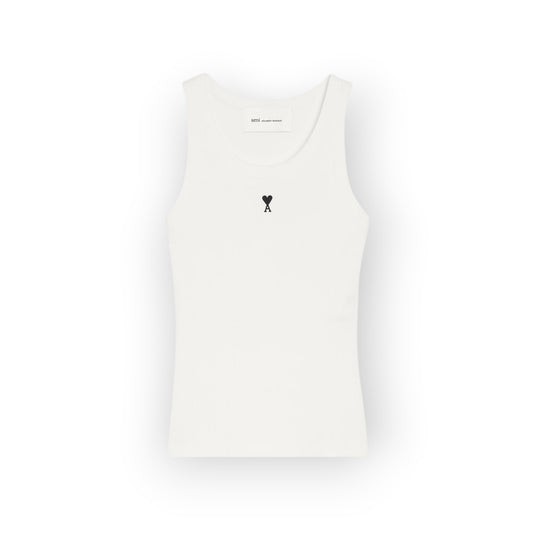 Ygreque Ami Paris white ribbed cotton tank top with a black Ami de Coeur logo embroidery on the chest.