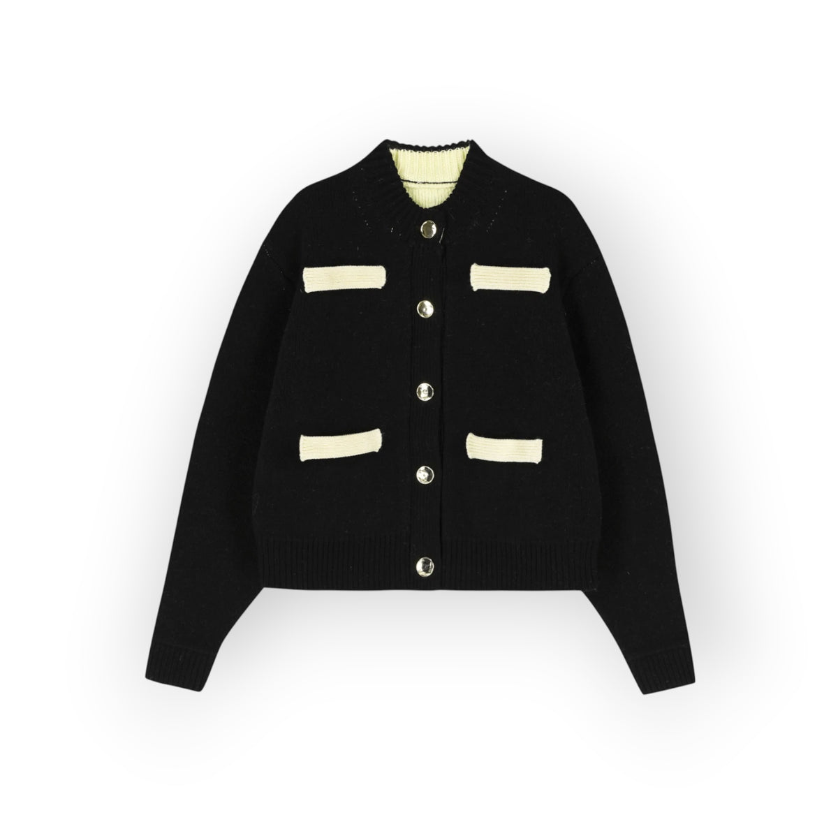 Ygreque B.B. Wallace Goldin cardigan in black and ecru Shetland wool with round neck and four patch pockets