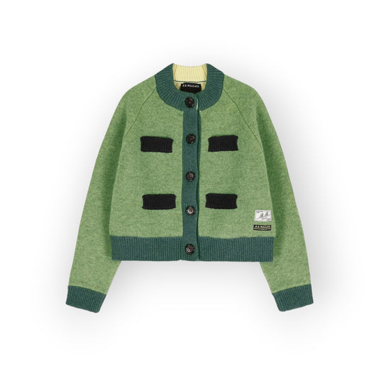 Ygreque B.B. Wallace Frida cardigan in green Shetland wool with round neck, button front, and contrast ribbed trim.