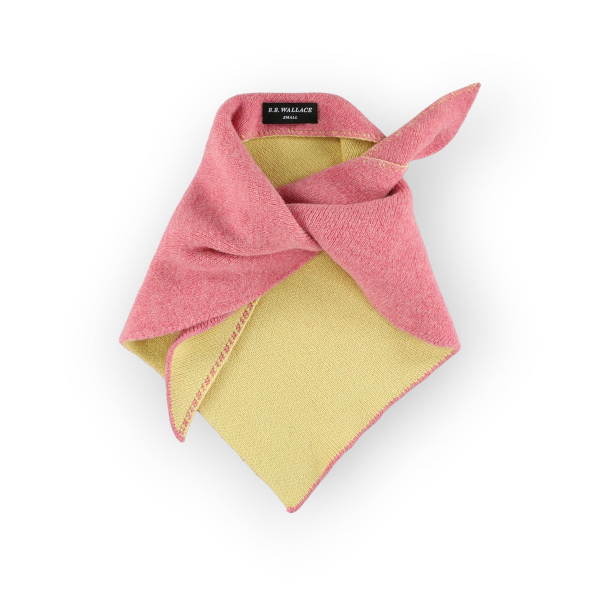 Ygreque B.B. Wallace pink Shetland wool bandana with a soft yellow cashmere lining, shown knotted.