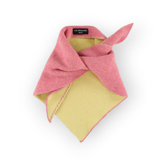 Ygreque B.B. Wallace pink Shetland wool bandana with a soft yellow cashmere lining, shown knotted.
