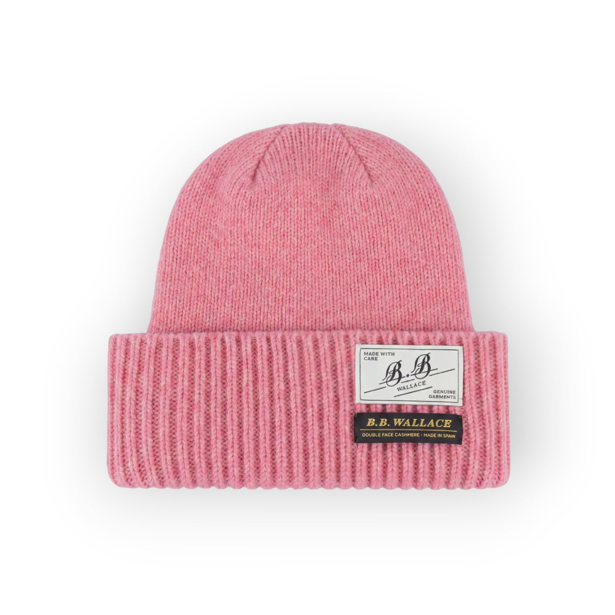 Ygreque B.B. Wallace Peyton pink beanie in soft Shetland wool and cashmere blend with branded woven labels