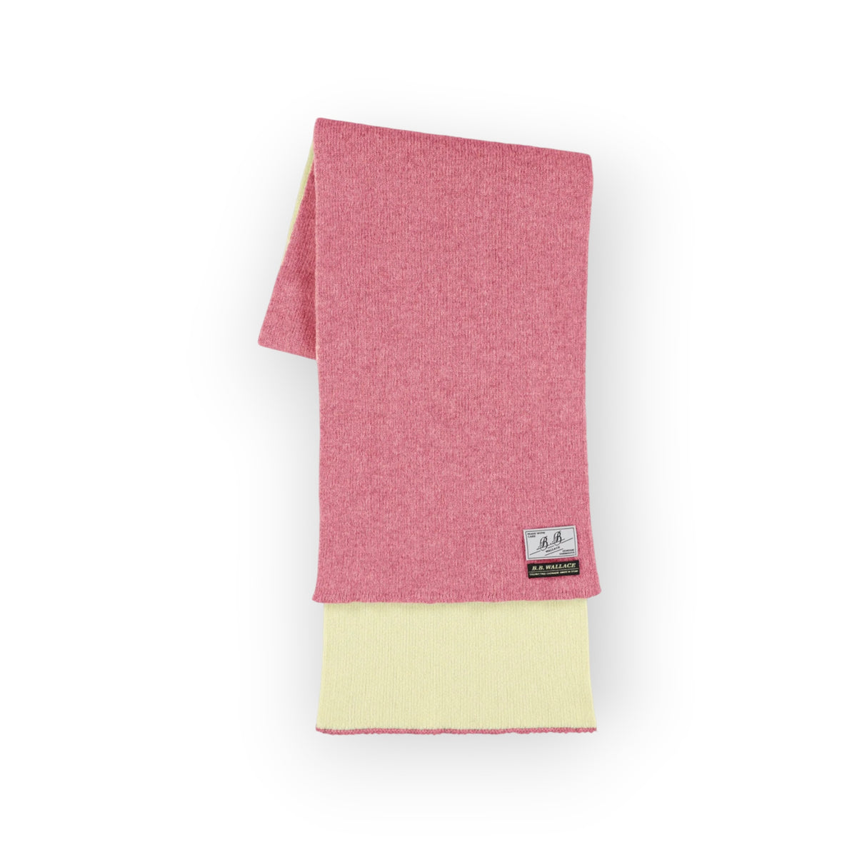 Ygreque B.B. Wallace Francis pink and cream double-faced Shetland wool scarf with a woven brand label
