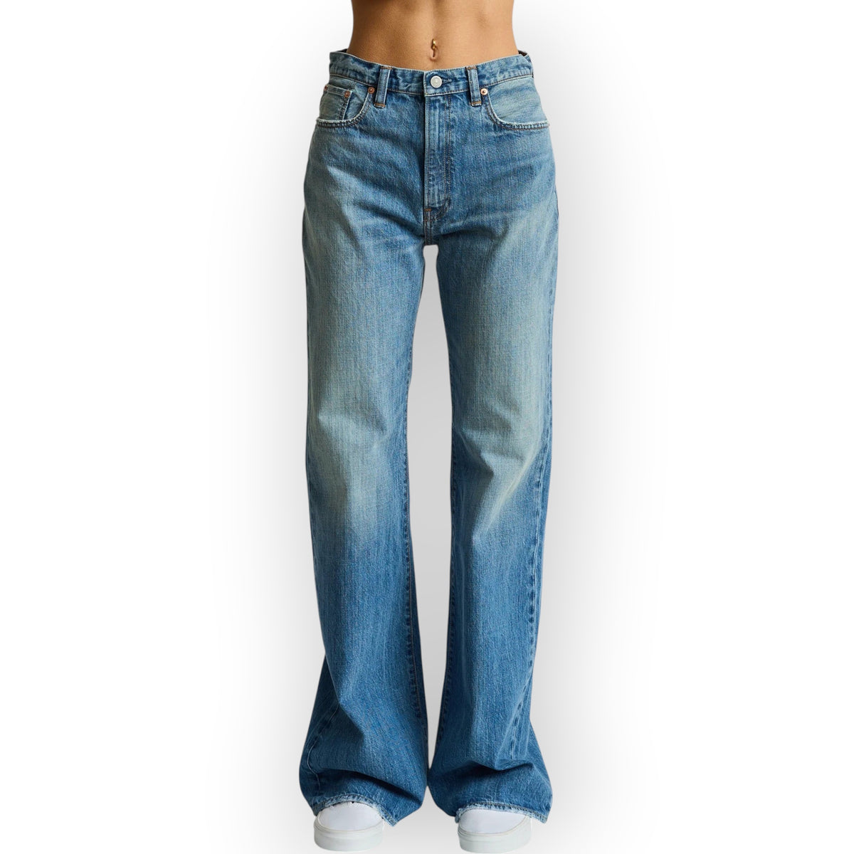Ygreque Denimist Dena high-waisted slim flare jeans in Lexington Blue rigid indigo cotton denim