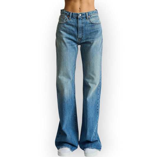 Ygreque Denimist Dena high-waisted slim flare jeans in Lexington Blue rigid indigo cotton denim