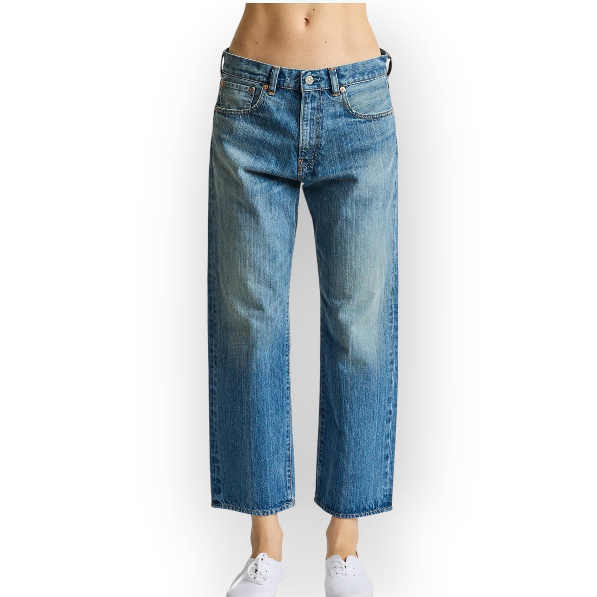 Ygreque Denimist Lucy boyfriend jeans in Lexington Blue rigid indigo cotton denim with a straight leg fit.