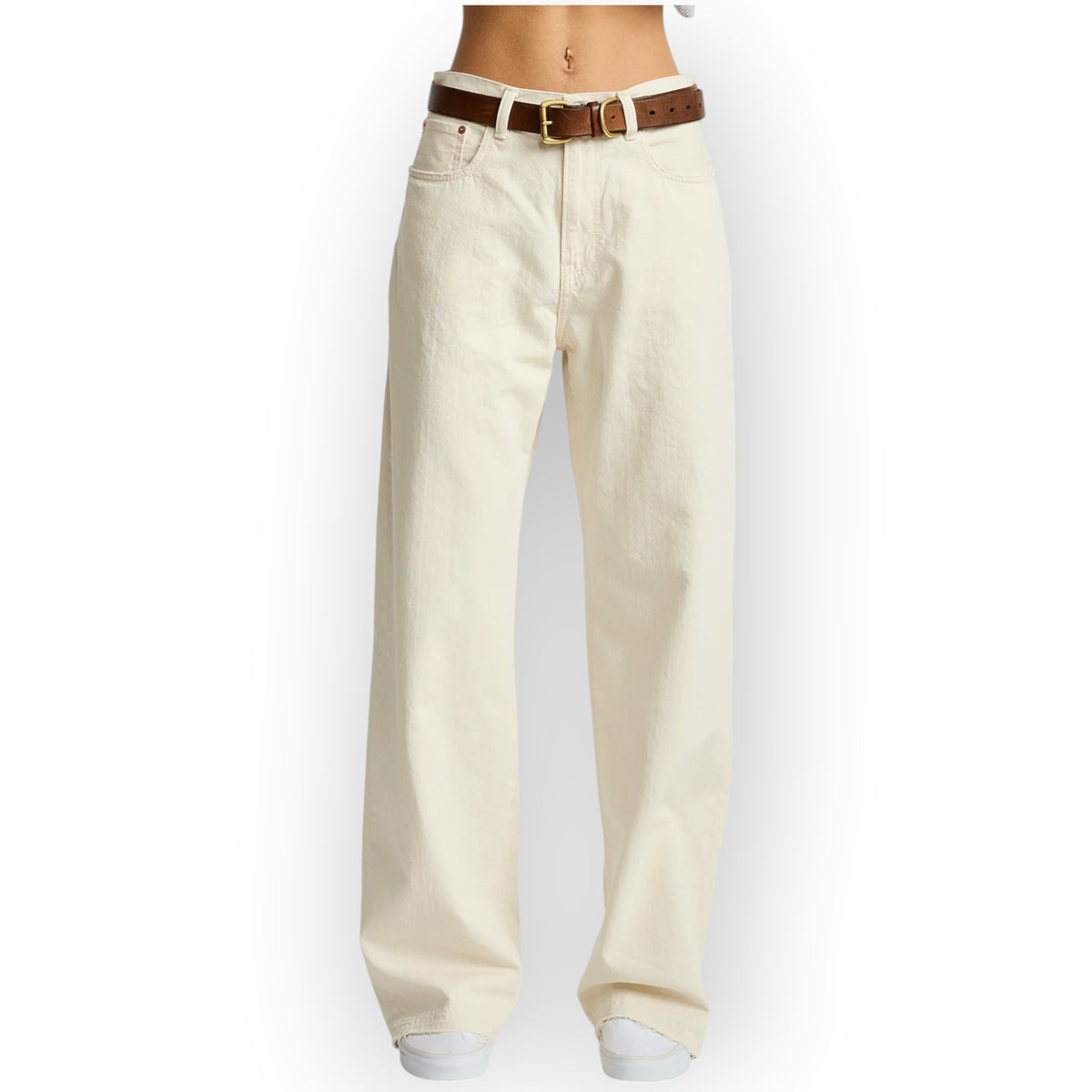 Ygreque Denimist Teri wide leg jeans in barley khaki cotton denim with a brown leather belt and mid-rise fit.