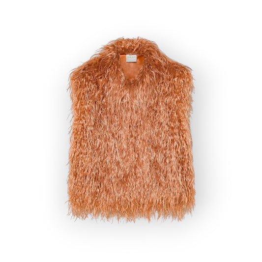 Ygreque Forte Forte sleeveless gilet in amber eco-mongolia wool with a voluminous, shaggy textured finish.