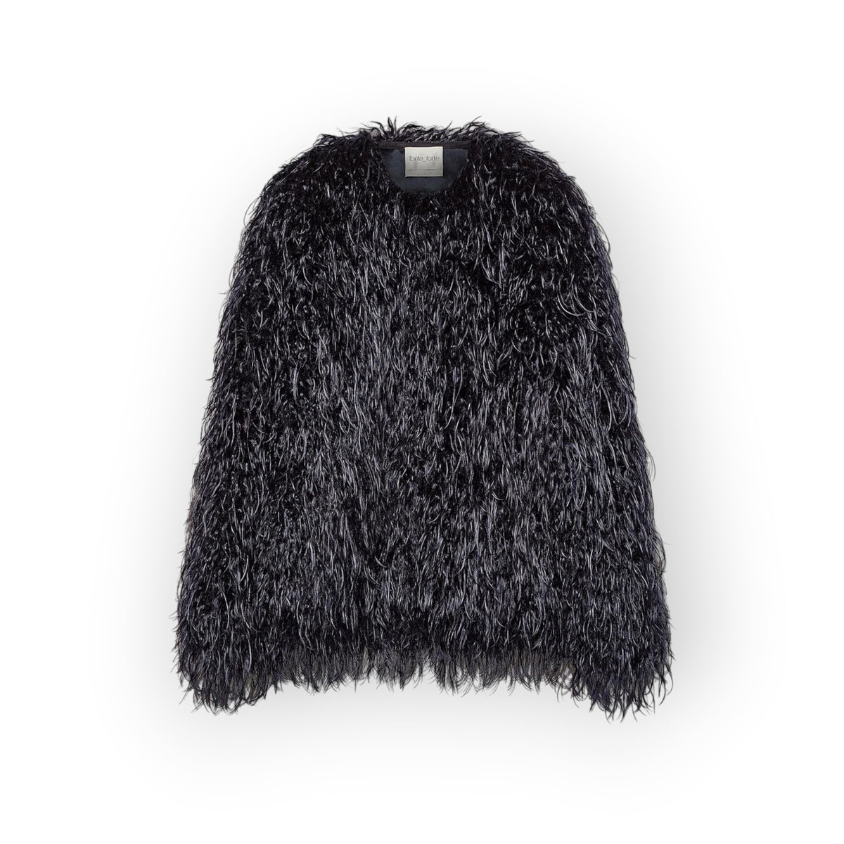 Ygreque Forte Forte Notte eco-mongolian faux fur coat with a collarless design and voluminous texture in deep black.