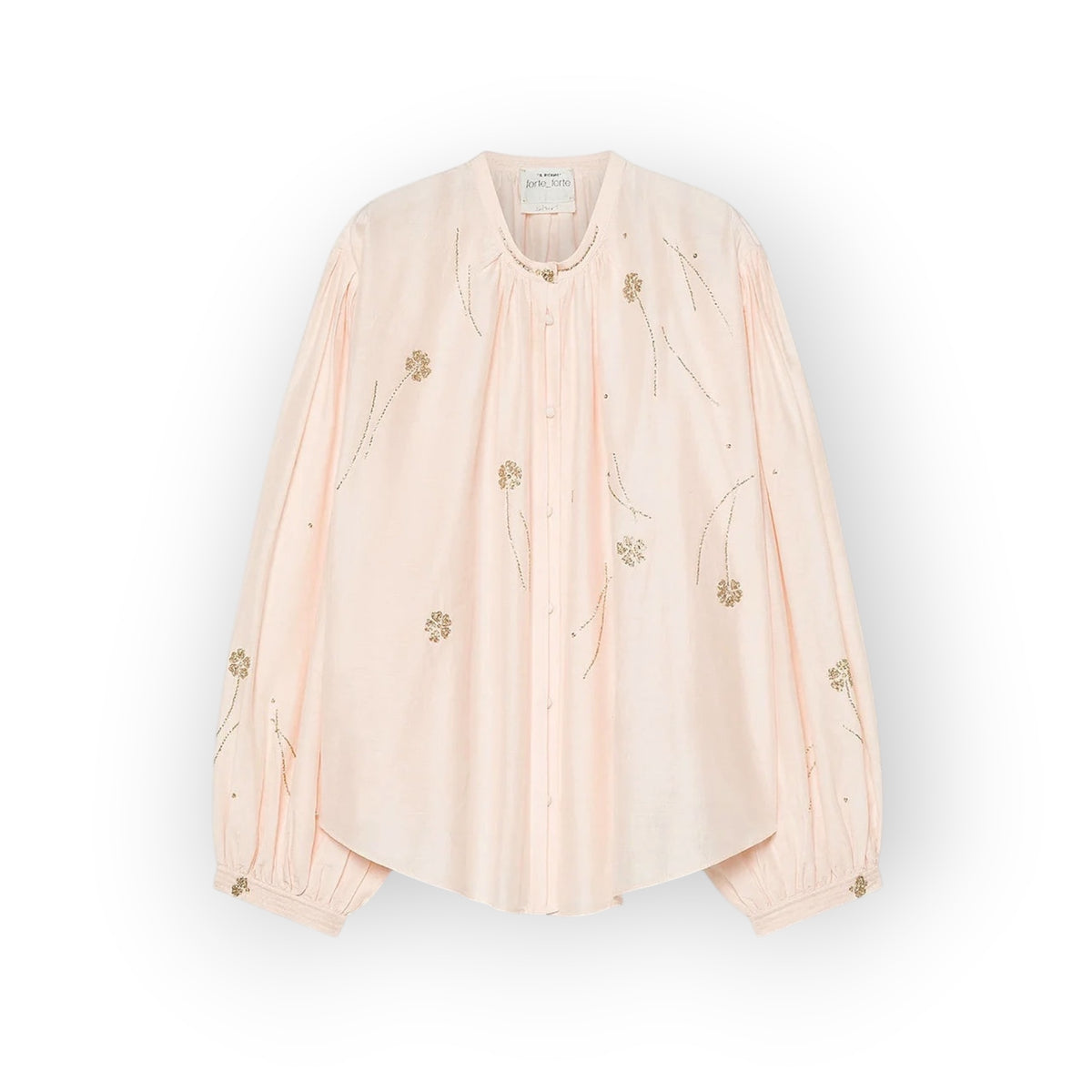 Ygreque Forte Forte Loto voile bohemian shirt with hand-embroidered silver glass floral details and gathered sleeves.